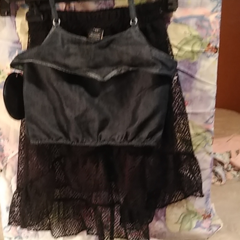 Denim crop w/hi-lo sheer skirt